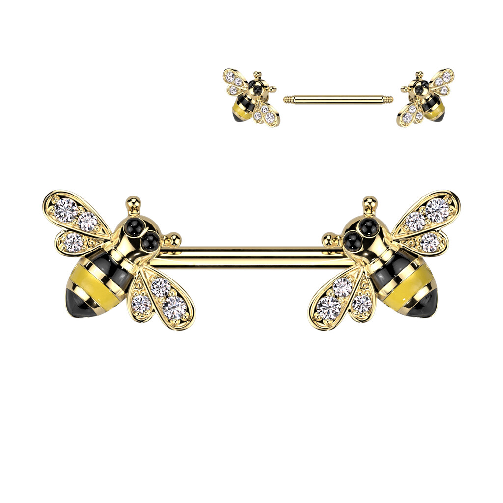 Nipple Ring Straight Barbell With CZ Bee Ends 14G Surgical Steel Sold as a Pair