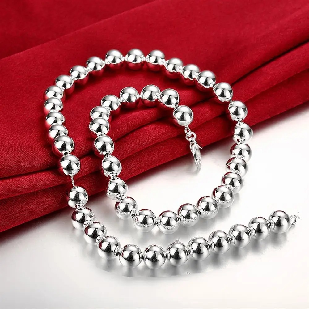 10MM Smooth Beads chain 925 Sterling Silver Necklaces for Women wedding Gift