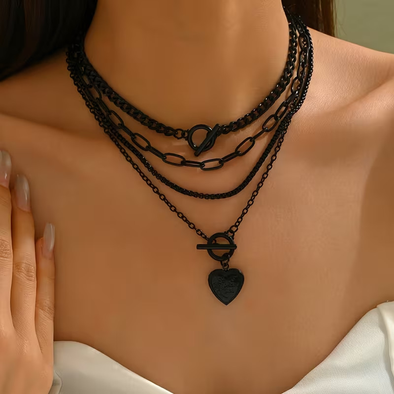 4pcs Set of Women’s Gothic Punk Trendy Fashion Black Metal Chain #3003
