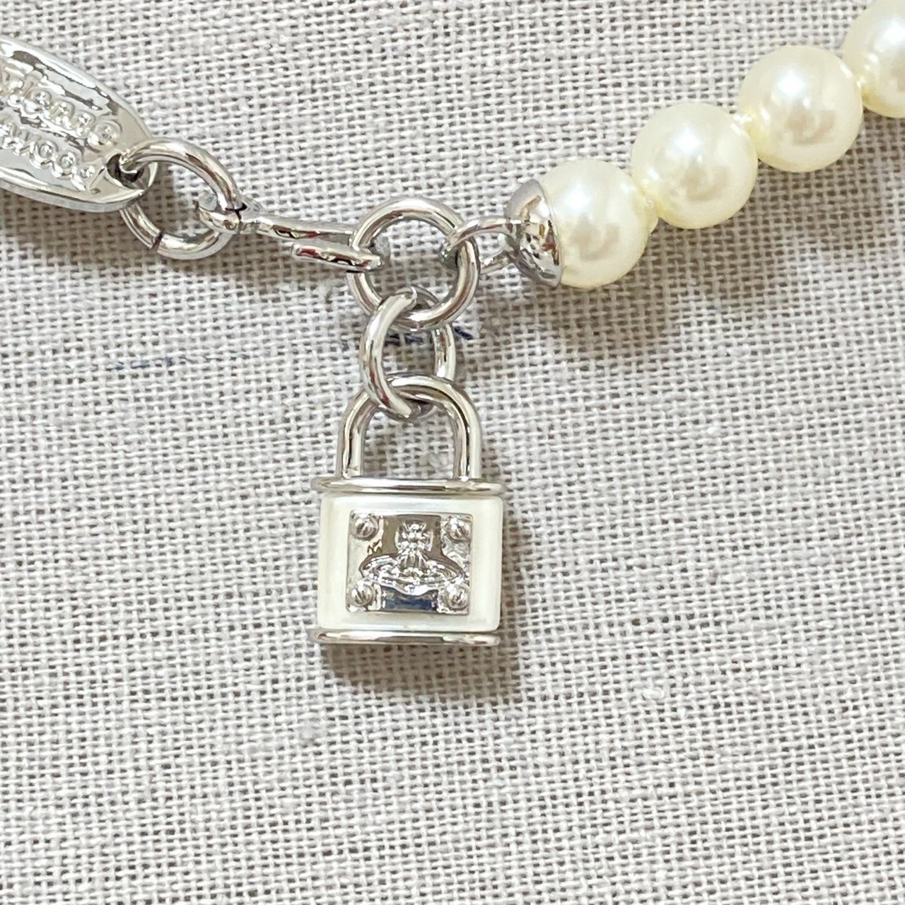 Vivienne Westwood Necklace Padlock Pearl Silver White 40cm w/drawstring NO BOX