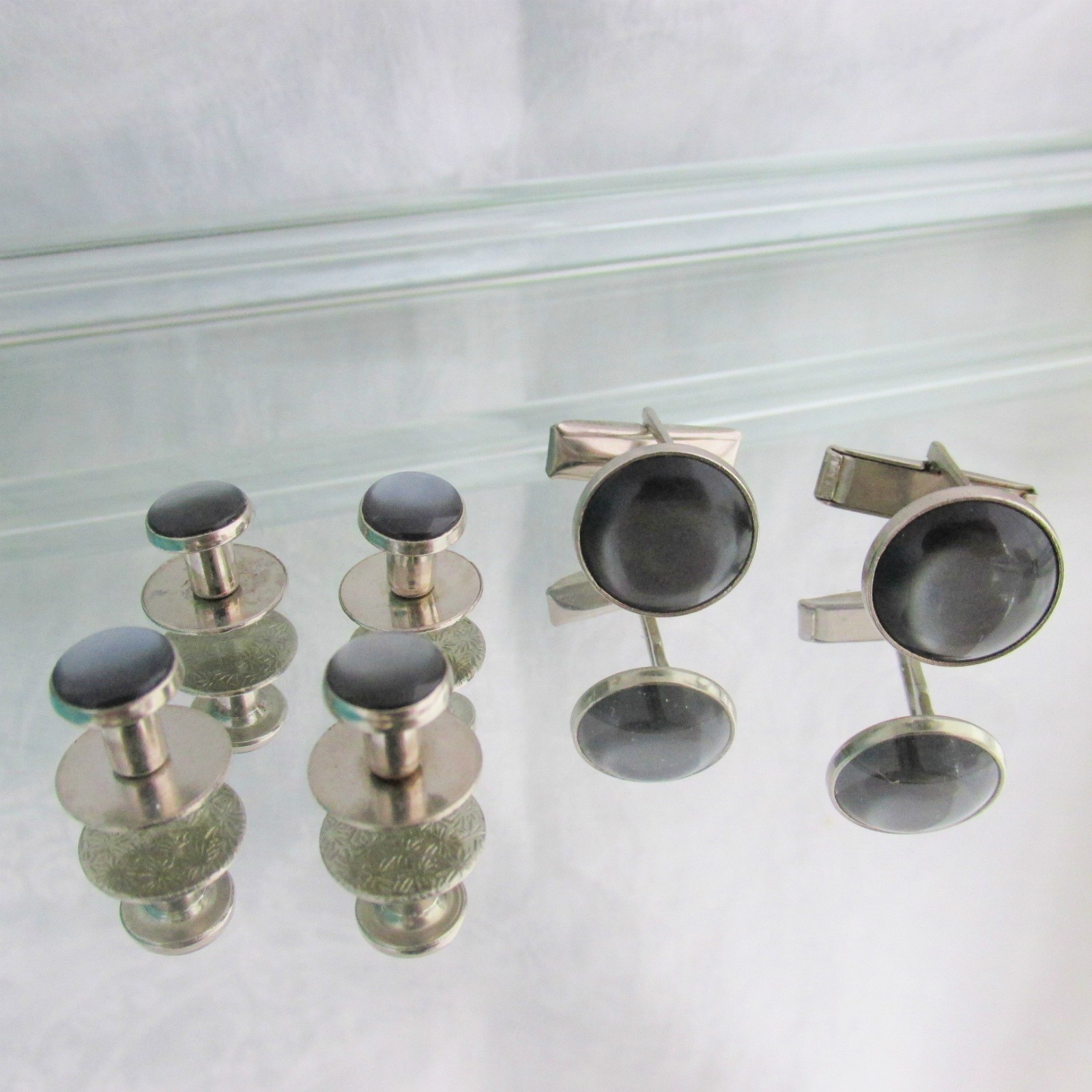 Vintage Luminous Grey Silver Plate Cufflinks Studs Set Special Occasion Wed Prom