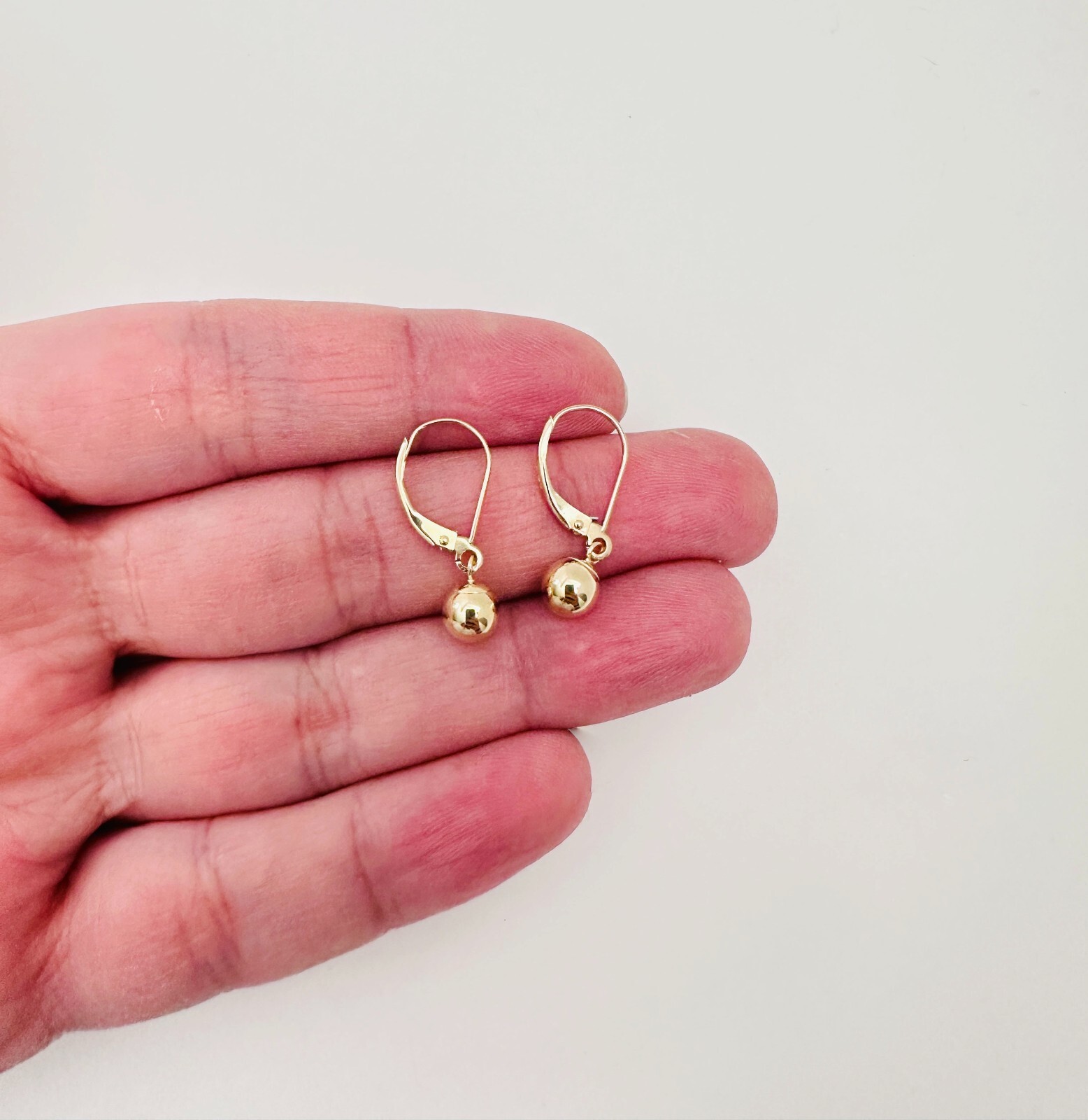 14K Solid Yellow Gold 6mm Ball Bead Drop/Dangle Leverback Earrings 23mm .90″
