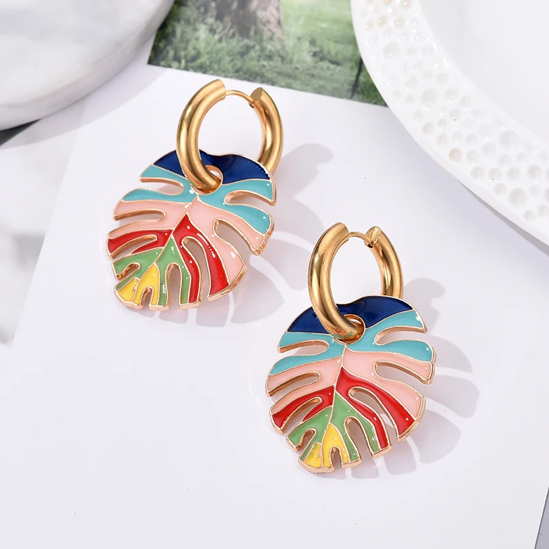 Colorful Big Leaf Pendant Gold Color Stainless Steel Earrings For Women