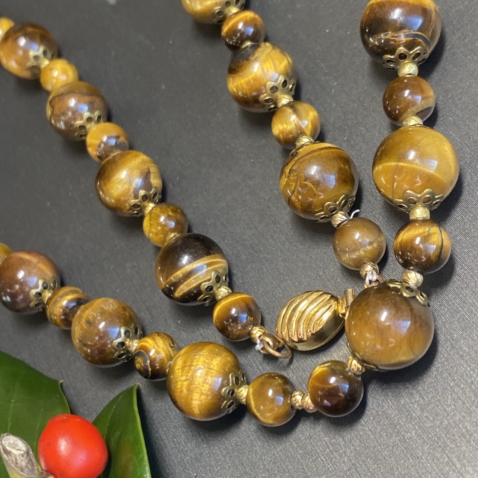 Vintage Tigers Eye Necklace Estate Fine Jewelry Pre-Owned Floral Filigree 25″