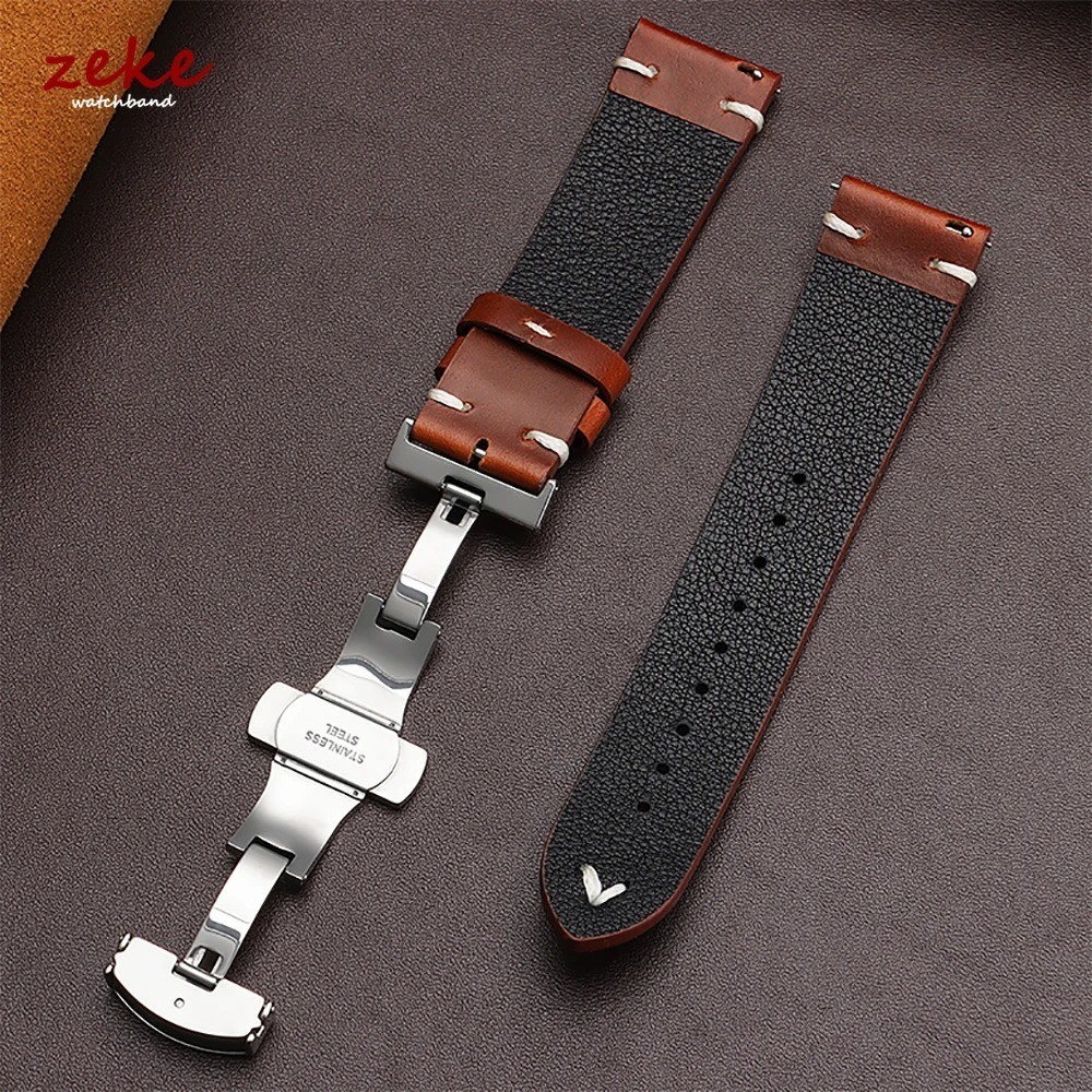Genuine Leather Butterfly Buckle Watch Bands 18/20/22mm Waterproof Retro Oil Wax