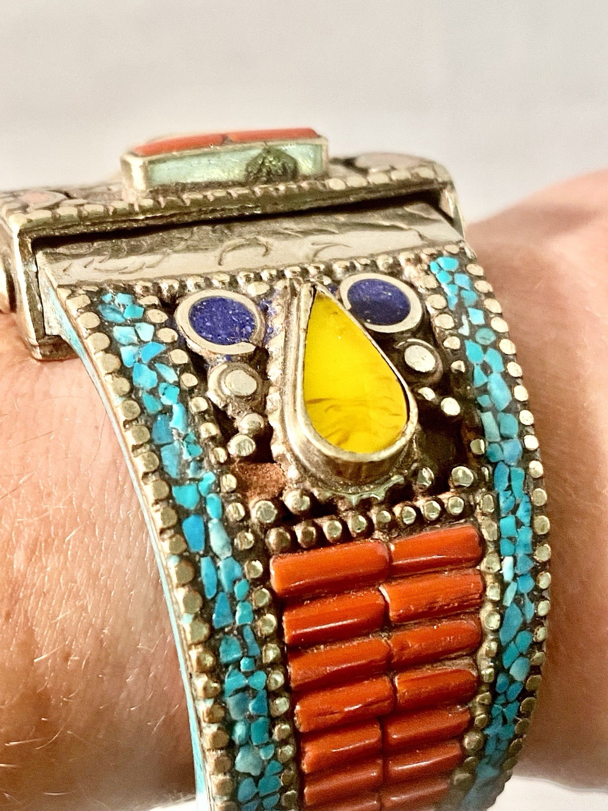 Moroccan Silver Tone Style Berber Mosaic Cuff Bracelet Coral Turquoise Enamel