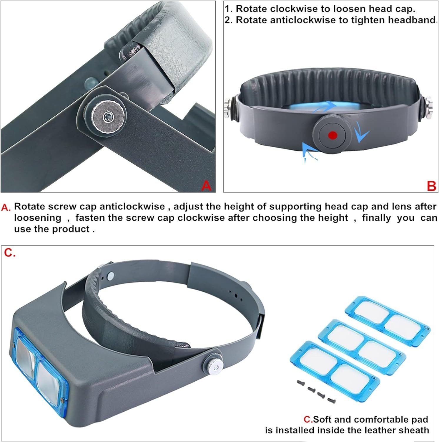 Jewelers Headband Magnifier Magnifying Glasses 4 Lens for Watch Jewelry Repair