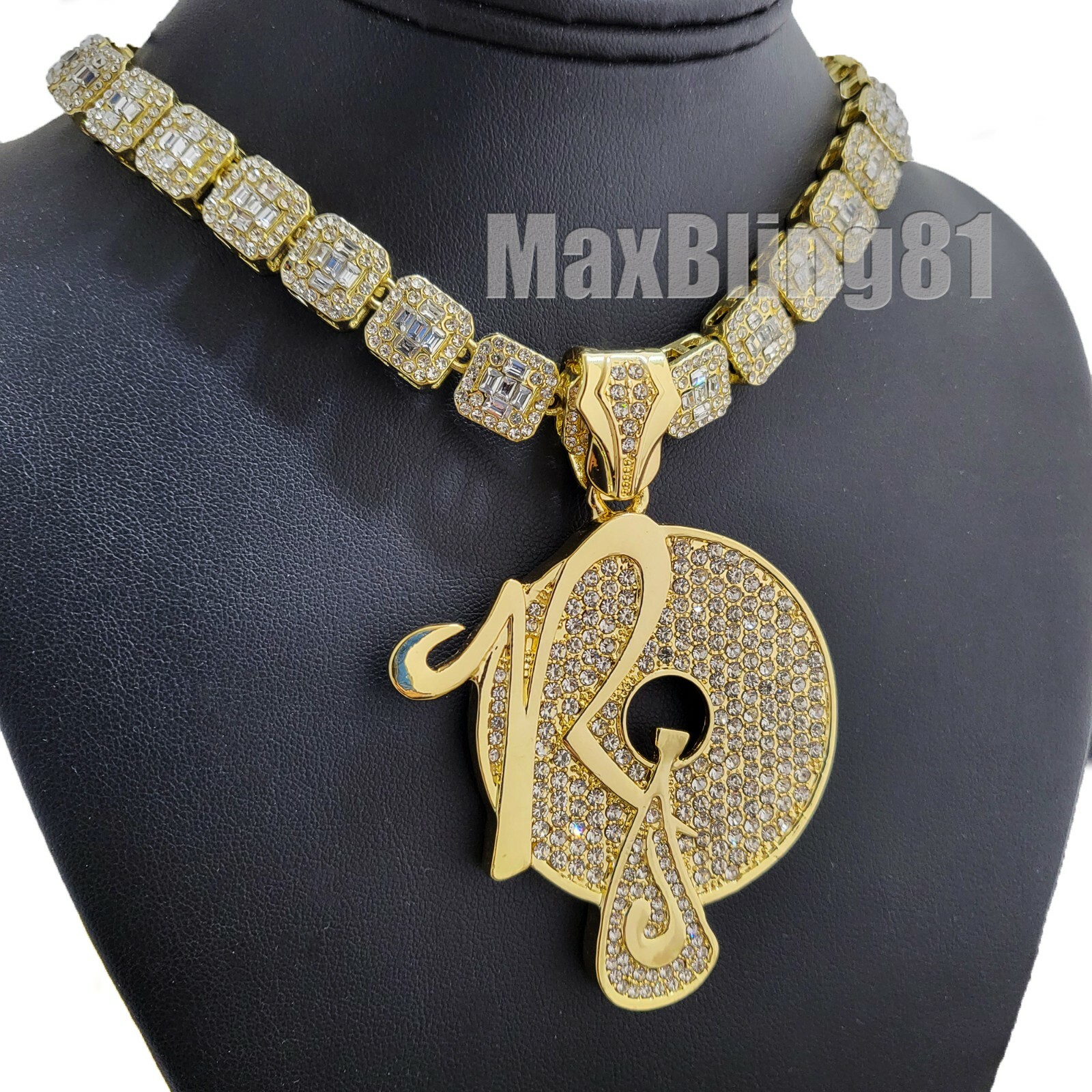 Hip Hop Gold ROCAFELLA Pendant & 16″ 18″ 20″ Iced Baguette Choker Chain Necklace