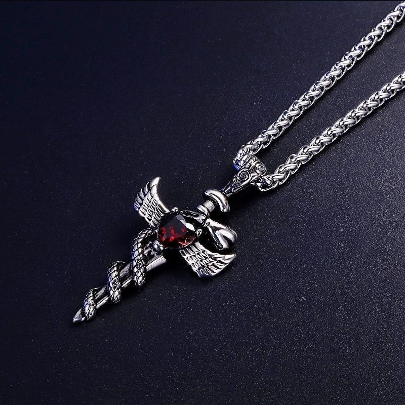 Antique 316 Stainless Sword Snake Wing Wheat Chain Red Unisex Vintage Necklace