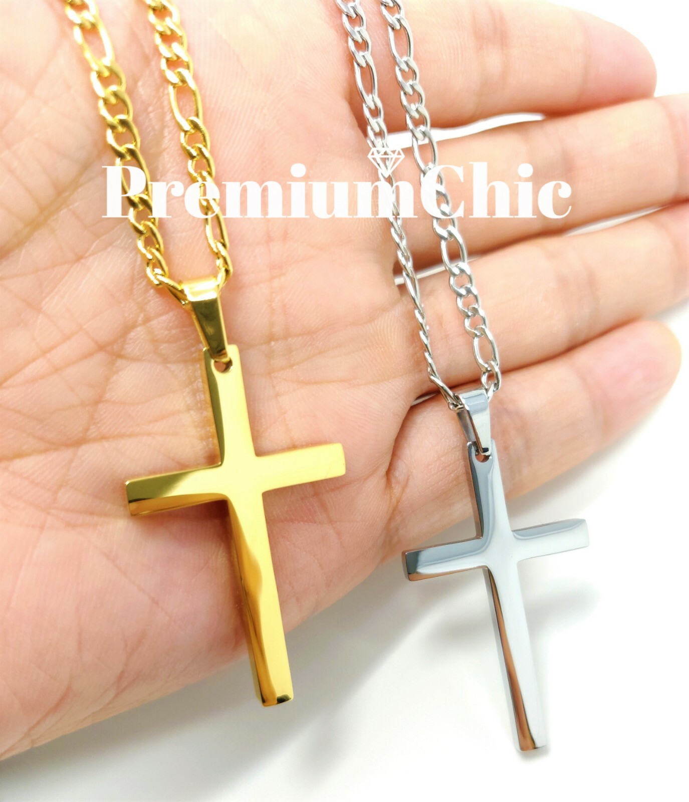 Unisex Stainless Steel Gold Plated Figaro Chain Necklace w Cross Pendant Jewelry