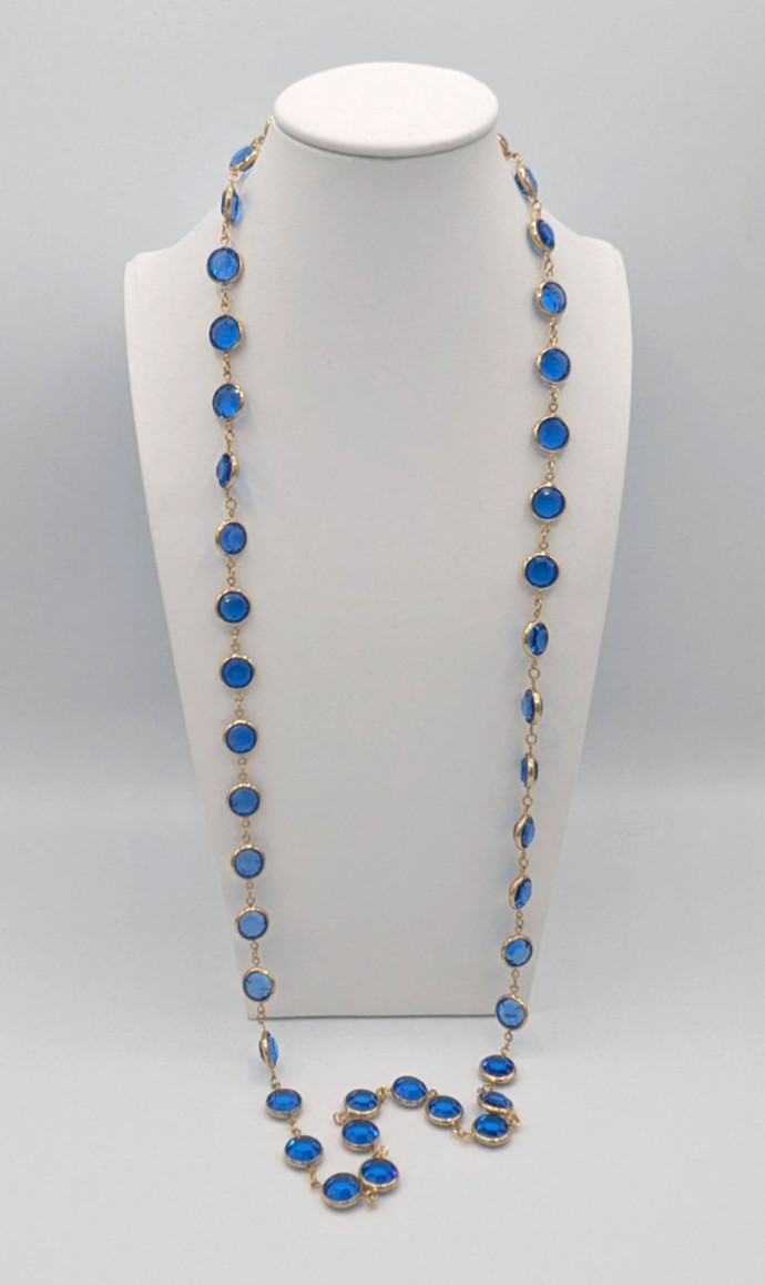 Vintage Blue Glass Open Bezel Station Necklace Gold Tone Endless Flapper 35″