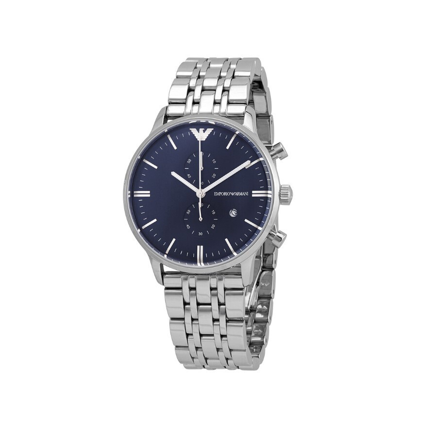 EMPORIO ARMANI AR1648 BLUE DIAL SILVER STRAP TWO-HAND STAINLESS STEEL WATCH 43MM