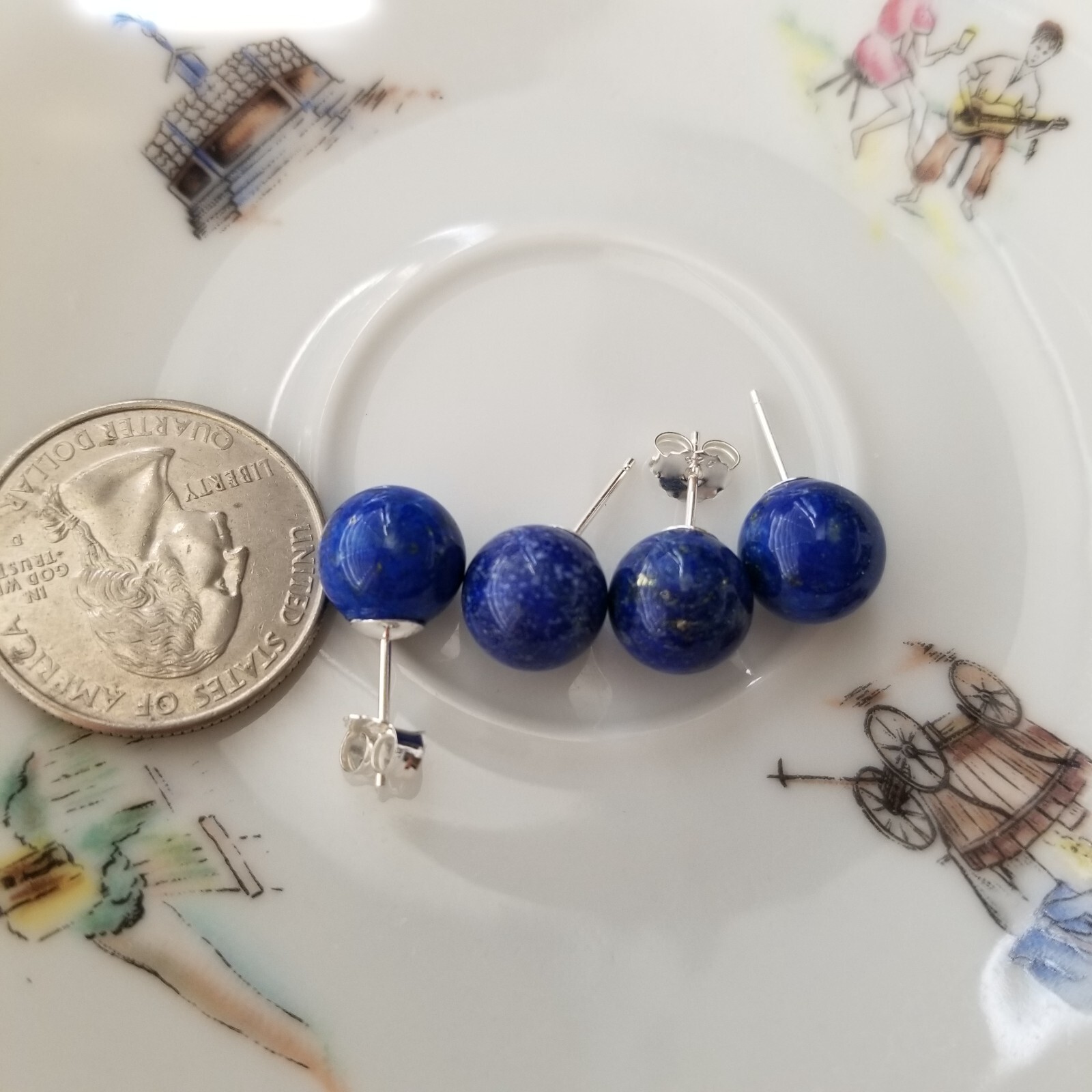 Solid 925 Sliver Natural Blue Lapis Lazuli 10mm Round Ball Stud Earrings