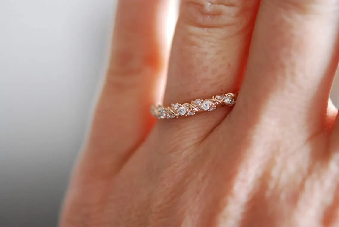 0.15 CT Round Cut Moissanite Twisted Wedding Band 14K Rose Gold Plated For Women