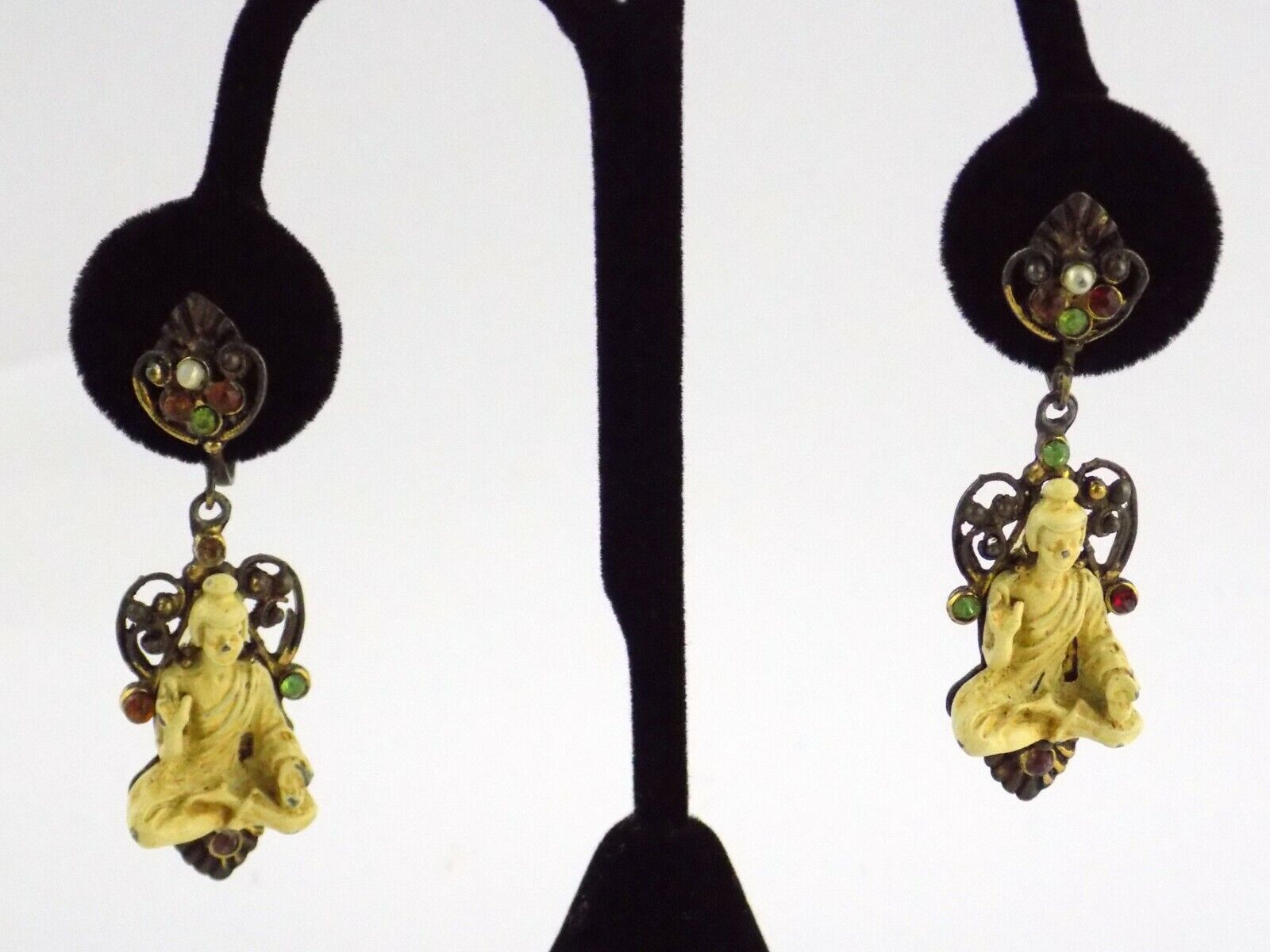 Vintage Painted Brass and Buddha Figurine Screwback Earrings Unsigned Rhinestone