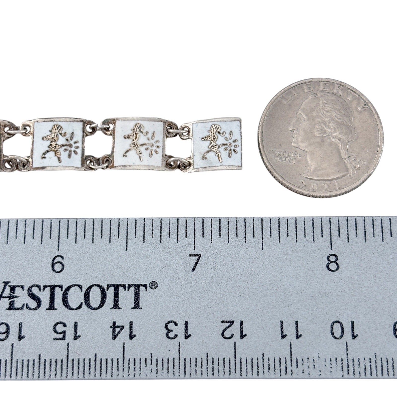 Vintage Sterling Silver 925 White Niello Siam Dancer Link Bracelet 7.25″