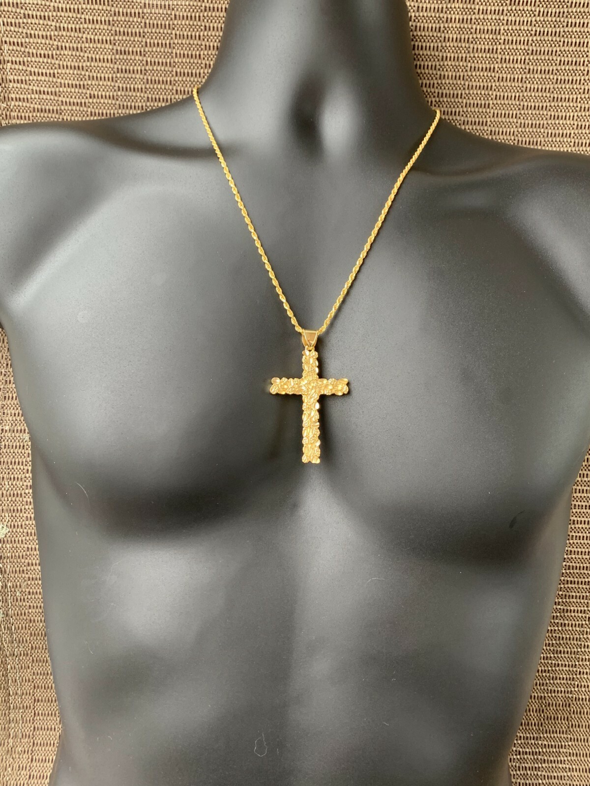 Mens Large Gold Nugget Cross 14k Gold Plated Solid 925 Silver Necklace Chain