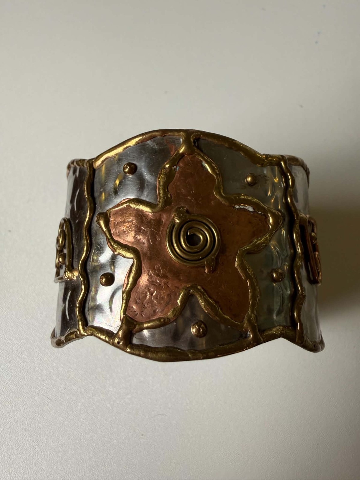 Handmade Mixed Metal Artisan Cuff Bracelet Copper Brass Silver Tone Boho Wide