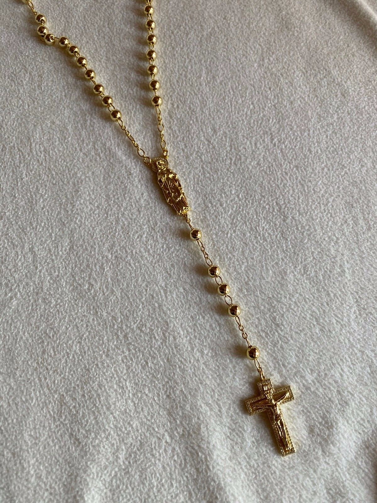 MOISSANITE Rosary Beads Necklace 14k Gold Plated 925 Silver Rosario Jesus 30″