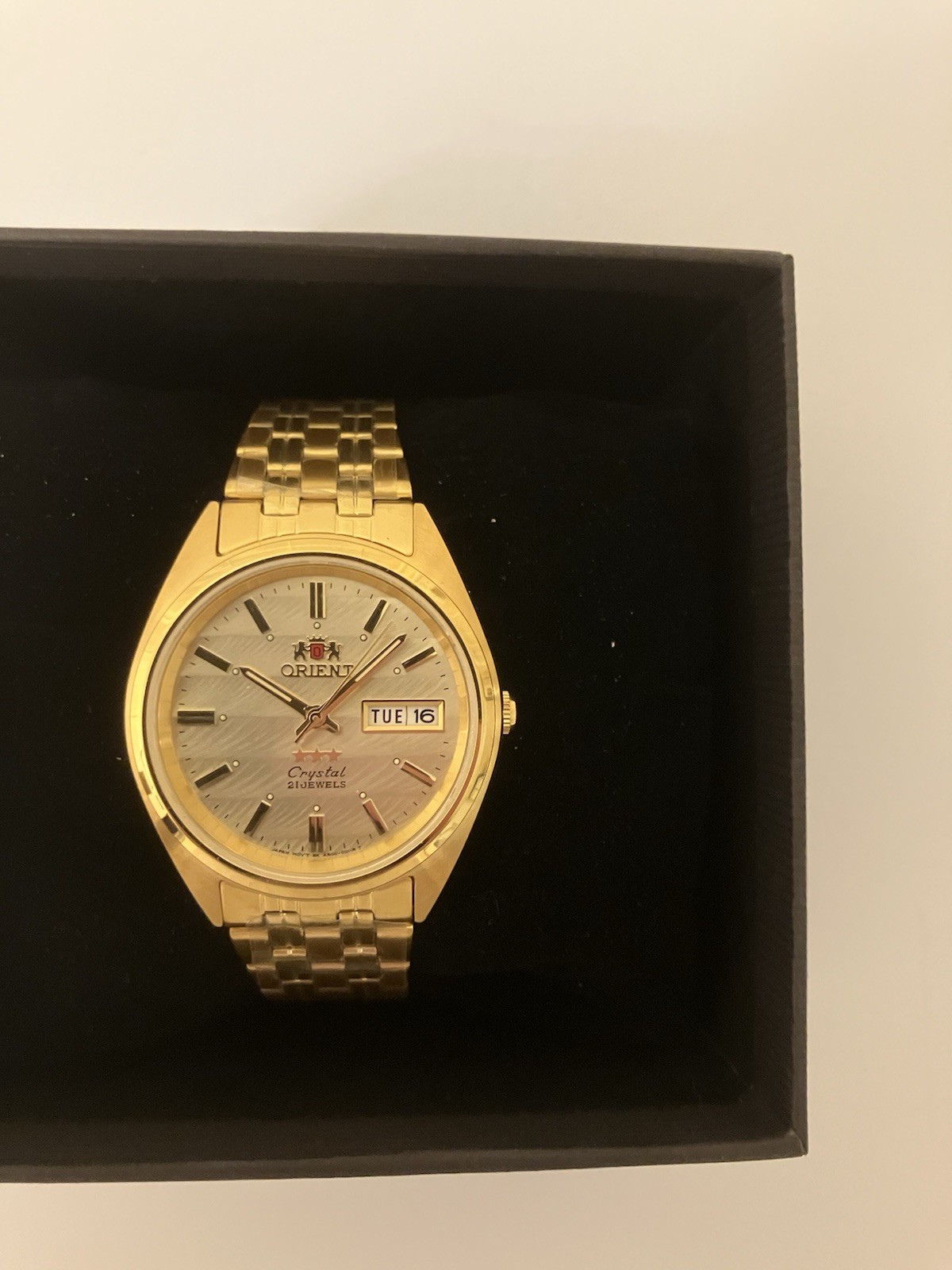 Orient Automatic TriStar Day-Date, New In Box, Champagne Gold Tone