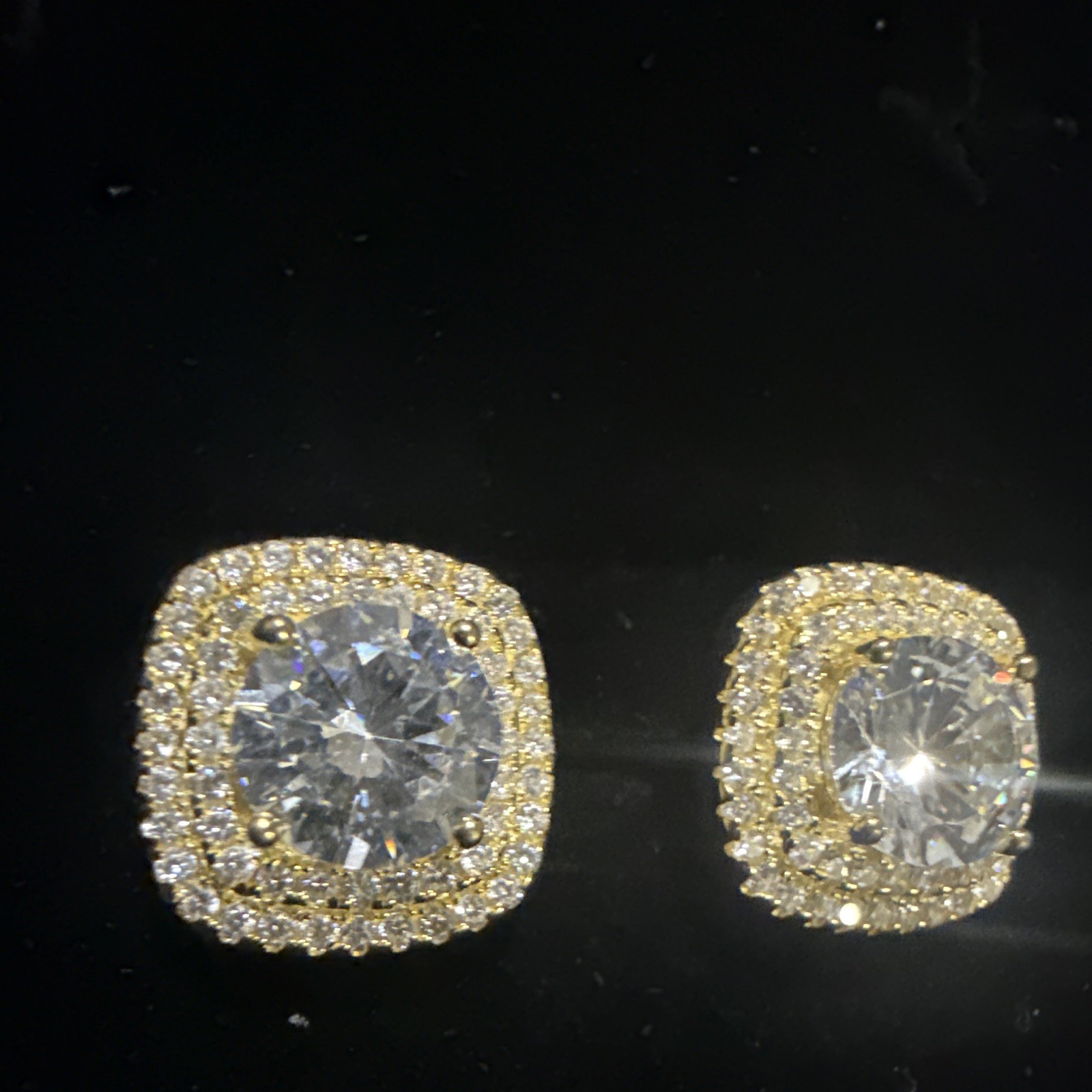 Gold Tone Clear Crystal Halo Cluster Square Stud Earrings Butterfly Back