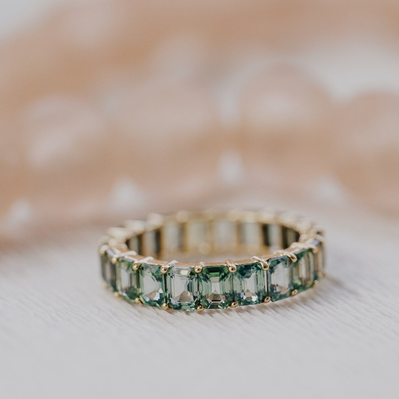 Natural Teal Montana Sapphire Eternity Ring 14K Gold Emerald Cut Wedding Band