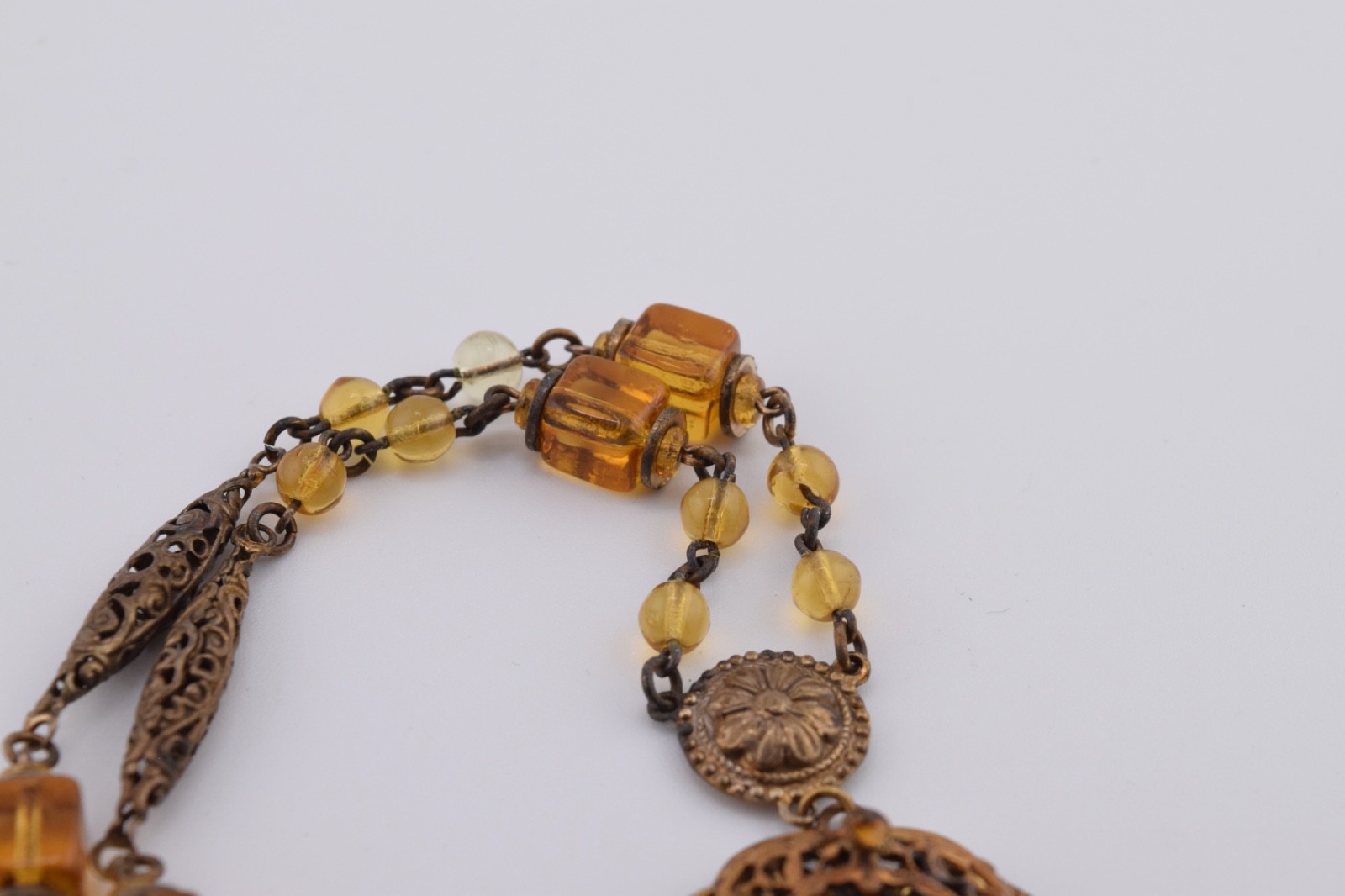 Antique Czech Necklace / Choker with Amber Colored Glass and White Enamel Accent