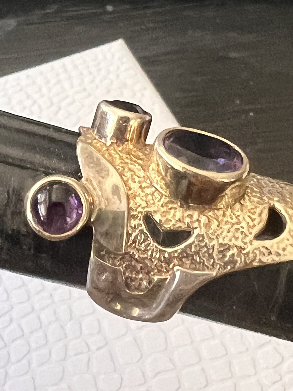 Unique Artisan Signed Yes Two Toned Sterling 925 Amethyst Garnet Wide Band Ring