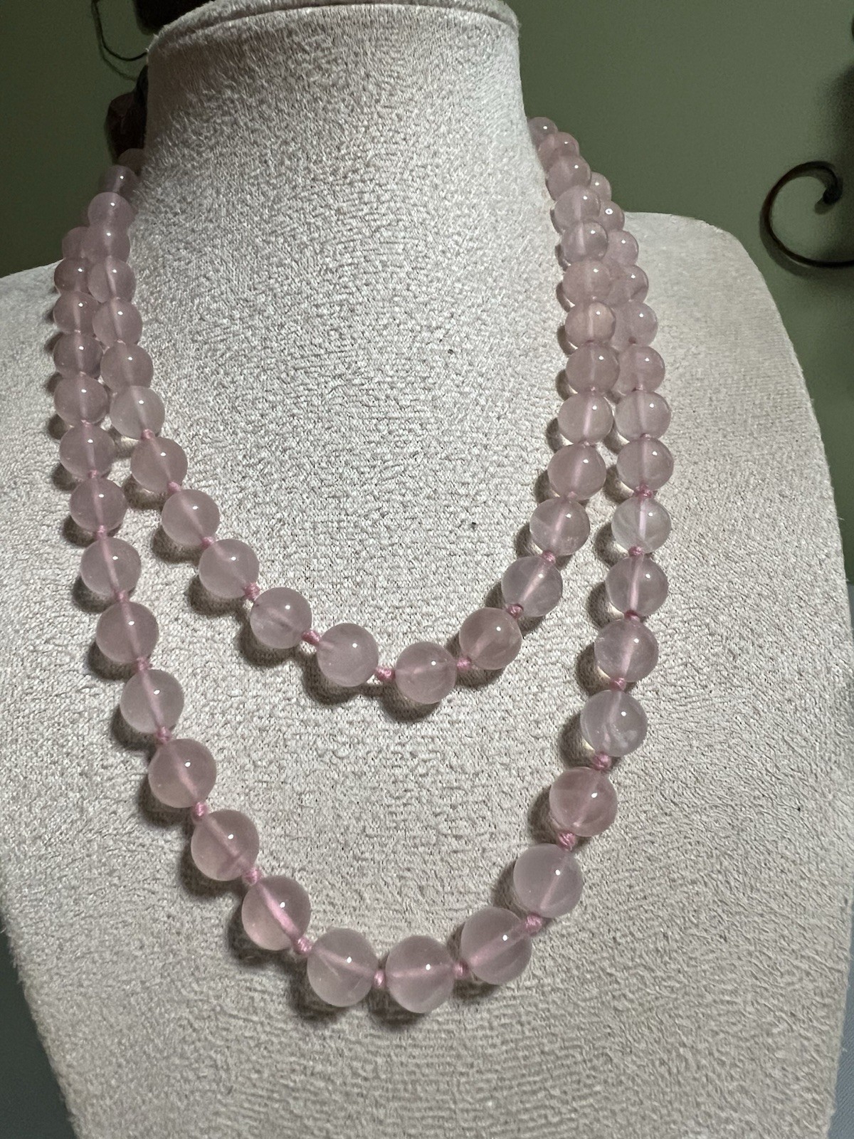 Vintage Rose Quartz Beaded Necklace 32” Hand Knotted Endless Opera Strand 66g