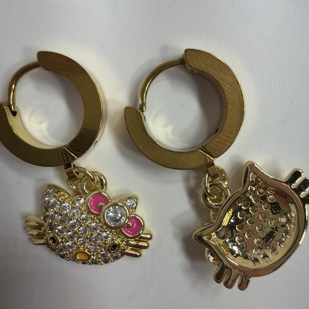 Gold Tone Hinged Hoop Dangle Cat Face Pink Bow Clear Crystal Earrings