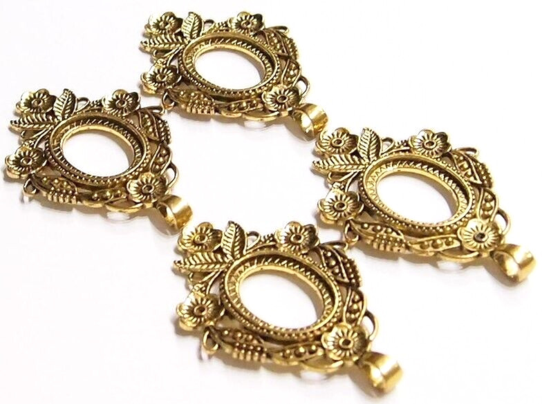 4 of 30x22mm Antique Gold Flower and Leaf Pendant Settings, 4 Cameos, Cabs Glass