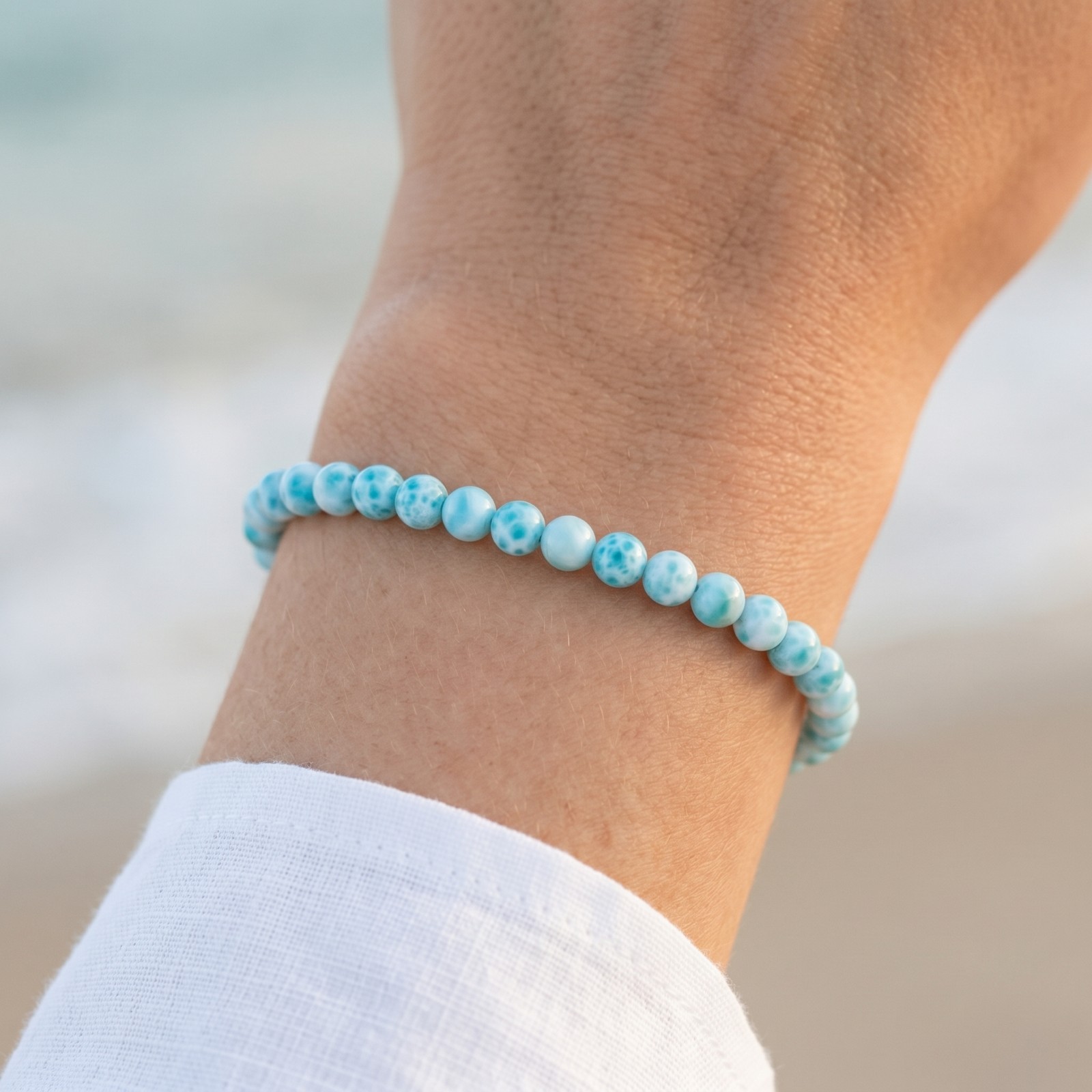 Natural Larimar 4mm Beaded Bracelet Dainty Minimalist Ocean Crystal Jewelry