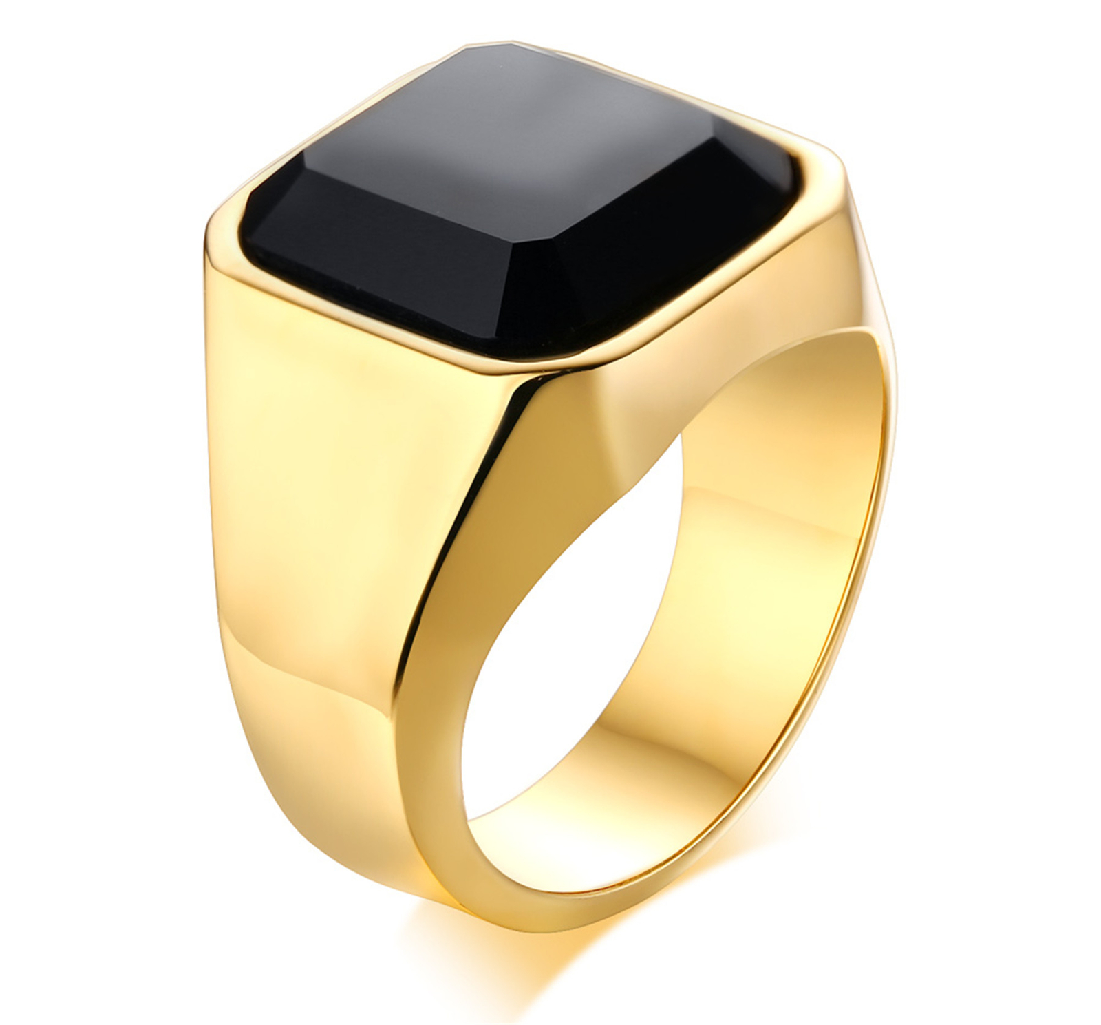 Men’s Stainless Steel Black Glass Signet Promise Ring Wedding Band Size 7-13