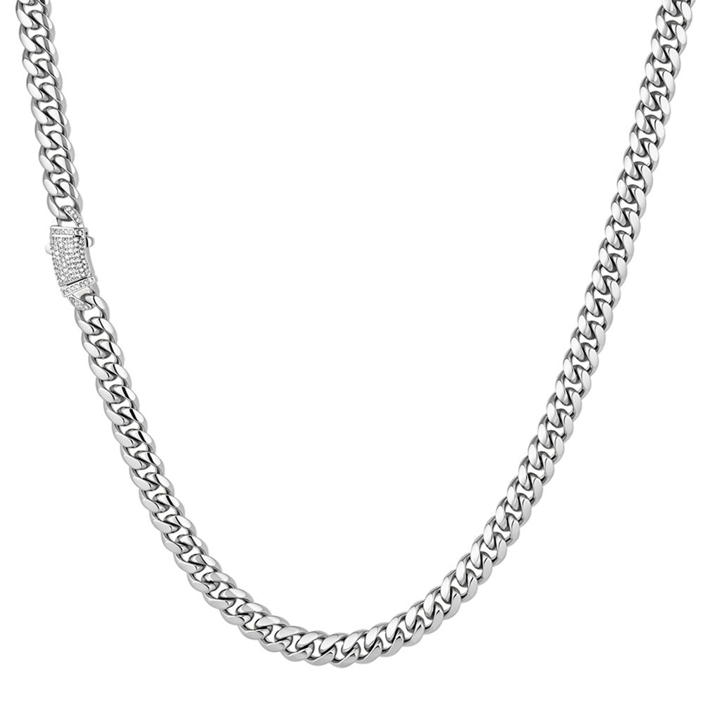 Men’s 8-14mm Stainless Steel Miami Cuban Link Chain Necklace Full Diamonds Lock