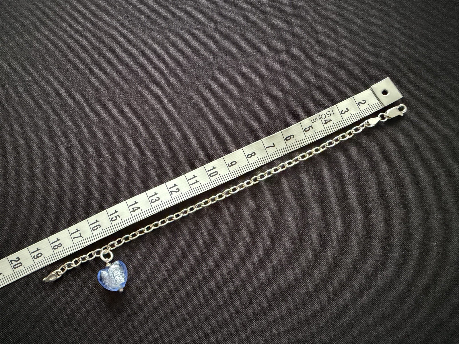 Charm Bracelet Sterling Silver 925 Blue Glass Heart Belcher Chain 19cm 6.8g