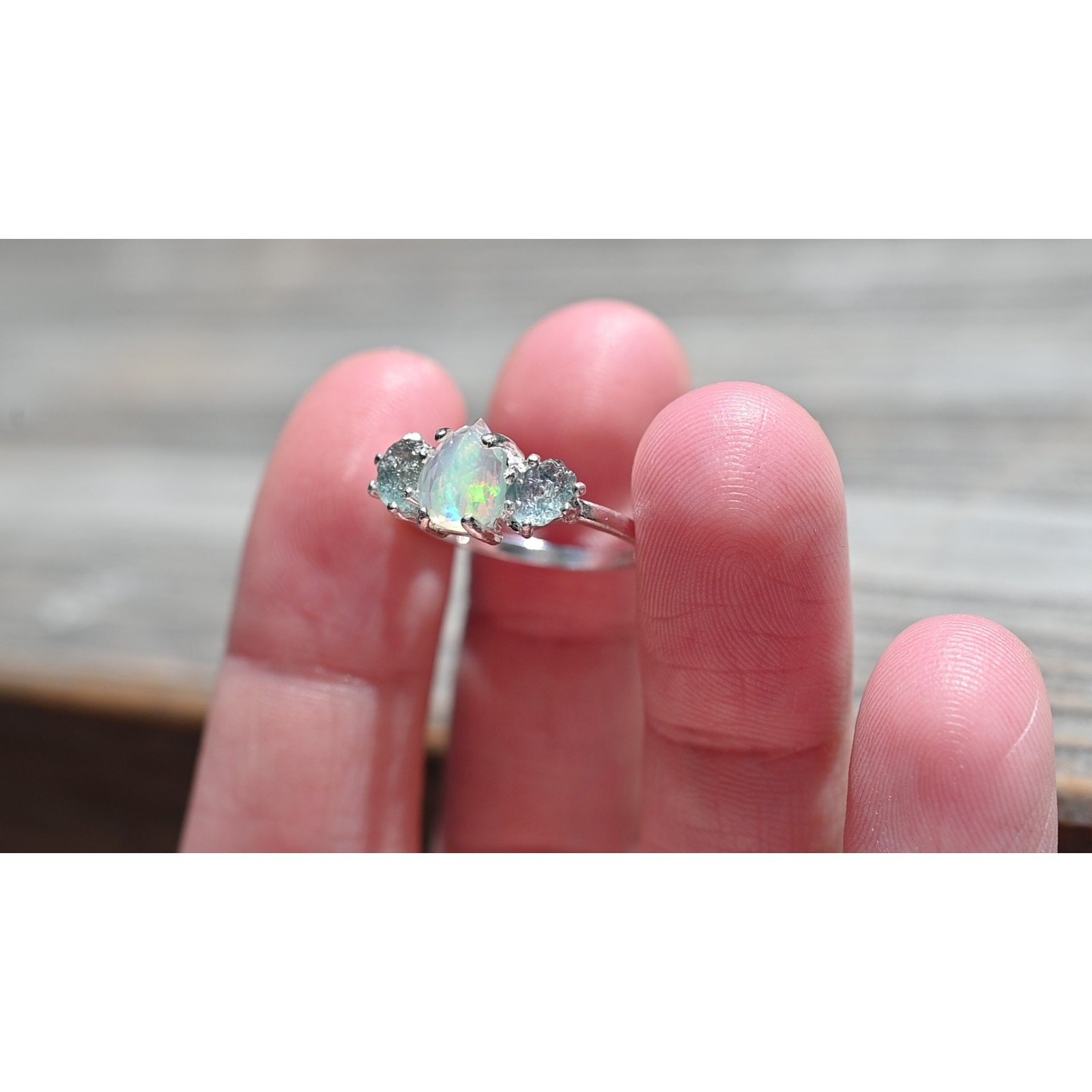 Ethiopian opal and raw Montana sapphire ring, unique opal ring, jewelry for her