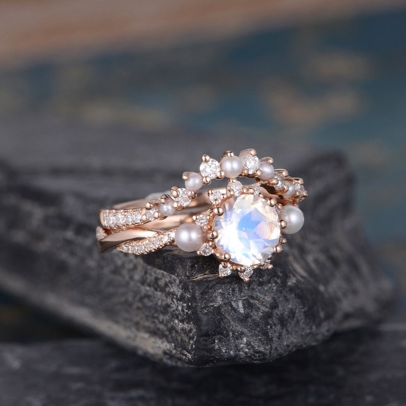 Natural Round Cut Moonstone & Pearls Rose Gold Plated Silver Engagement Ring Set