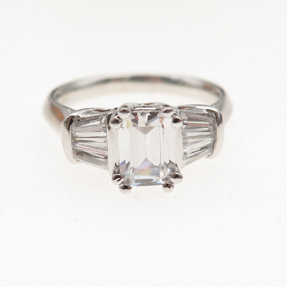 925 Sterling Silver Emerald & Tapered Baguette-Cut C Z Engagement Ring Size 7