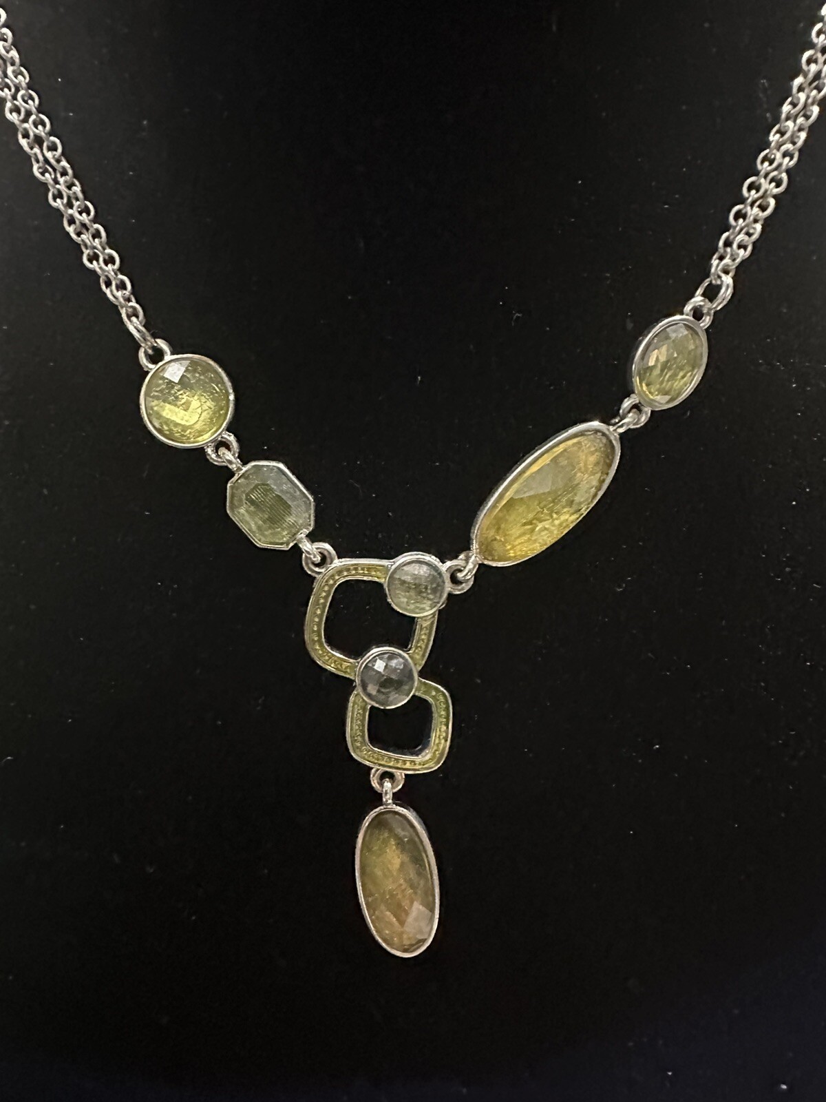 Lia Sophia Silver Tone Green Foil Backed Crystal Multi-strand Necklace 19” NEW