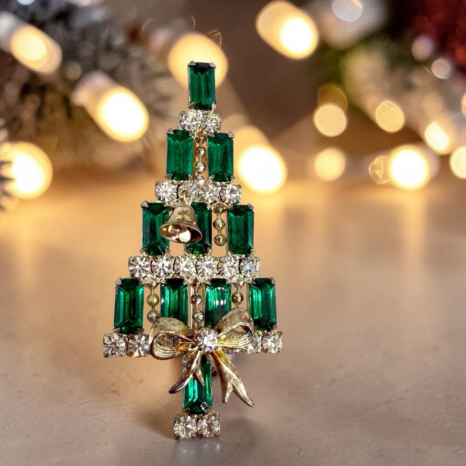 Glam Kirks Folly Signed Vibrant Green Foil Backed Christmas Tree Holiday Brooch