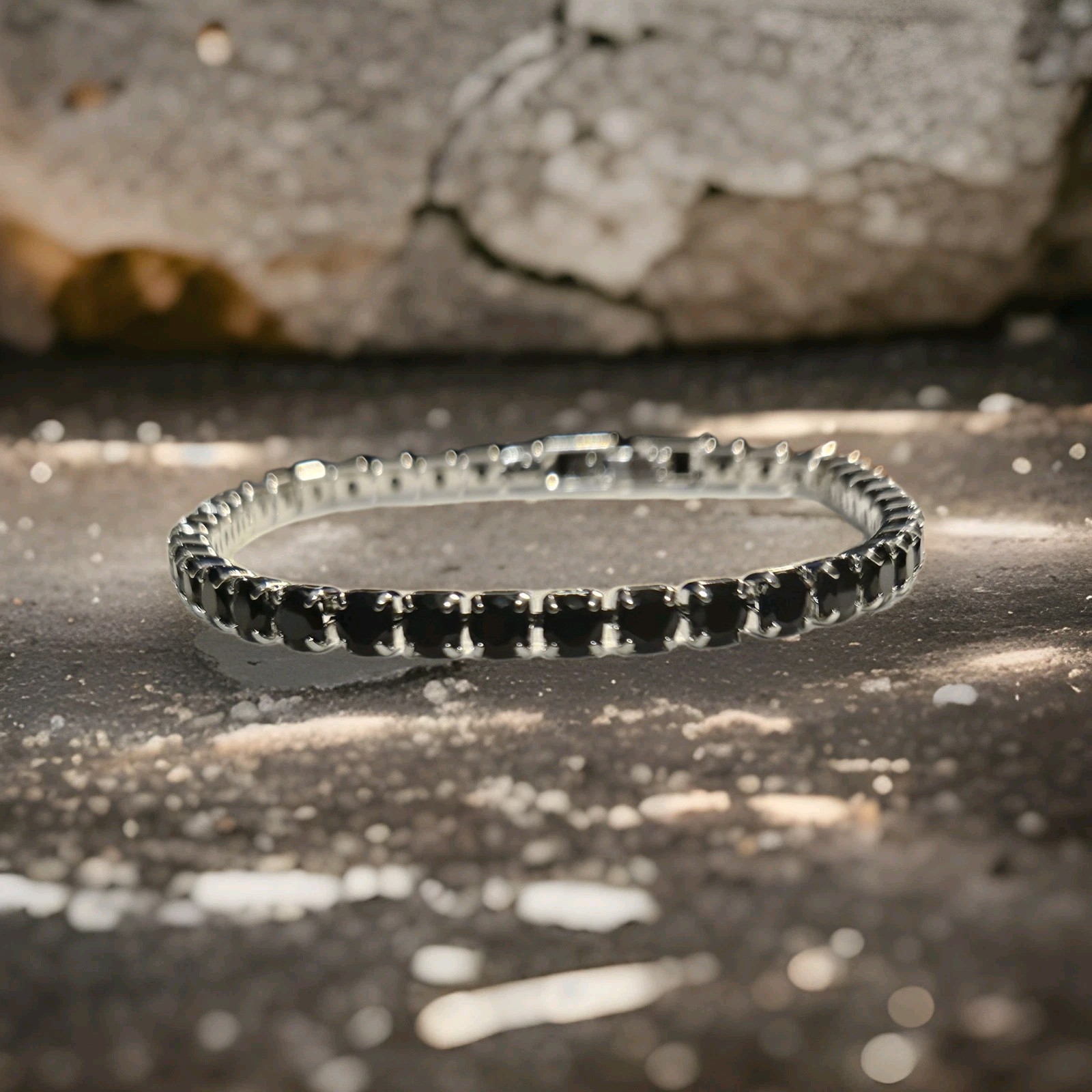 Silver 7 Inch Tennis Bracelet with Round Lab Created Black Moissanite Gems