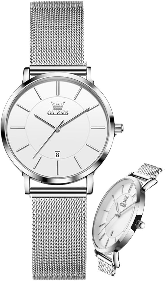 Ultra-Thin Silver Ladies Watch – Stylish Waterproof Mesh Strap with Date Display