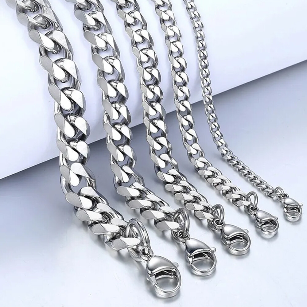 16-30″ Stainless Steel Silver Chain Cuban Curb Necklace 3/5/7/9/11mm Womens Mens