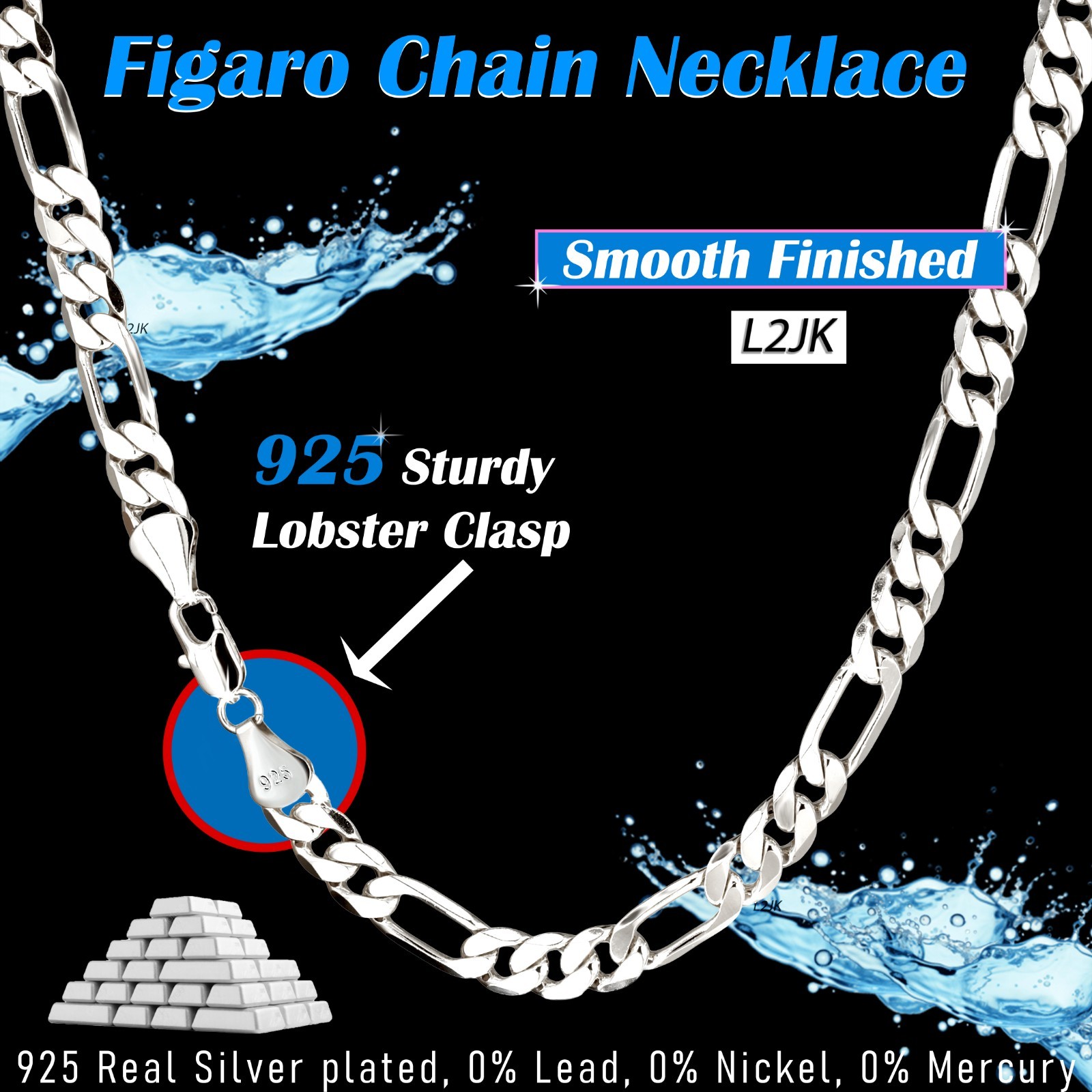 Figaro Chain 925 Silver Plated 5, 6, 7, 8, 9, 10, 11, 12mm – 24″ & 30″ Men Women