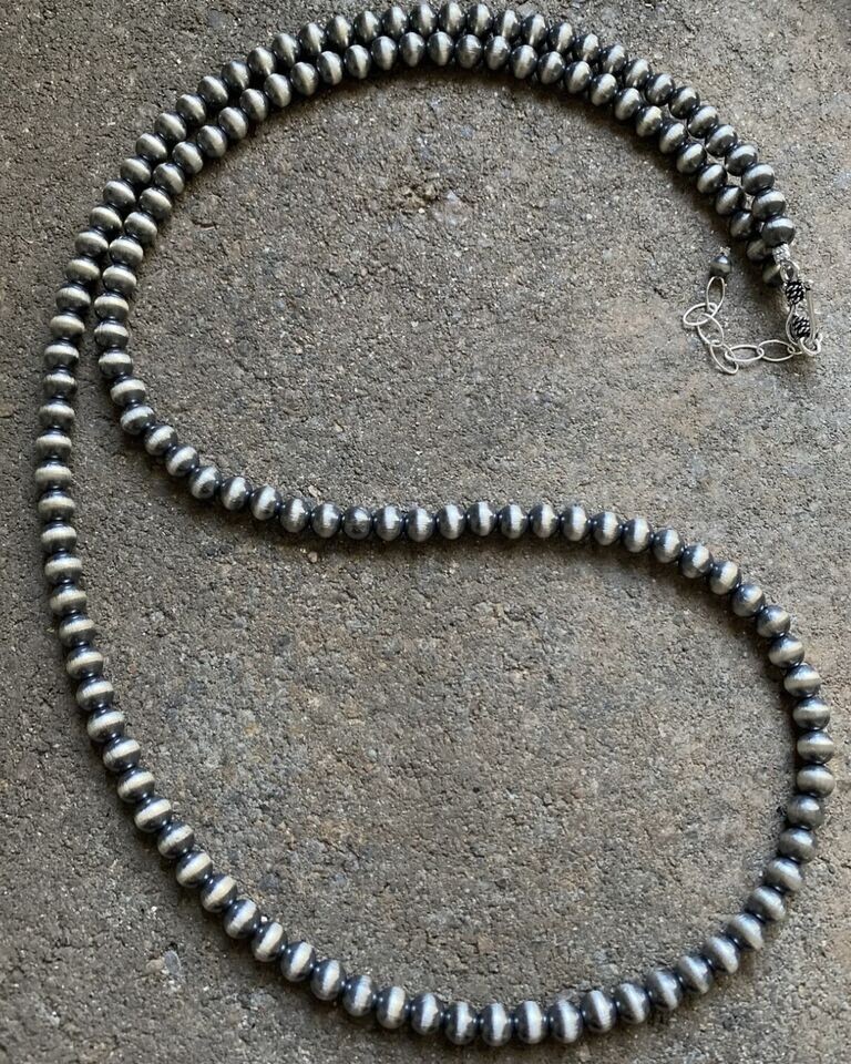 6mm 14 Inch 925 Sterling Silver Oxidized Pearls Bead Necklace Southwestern