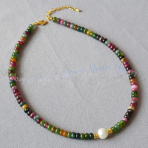 Natural Colorful Tourmaline Rondelle Gemstone Beads White Pearl Necklace 14-48”