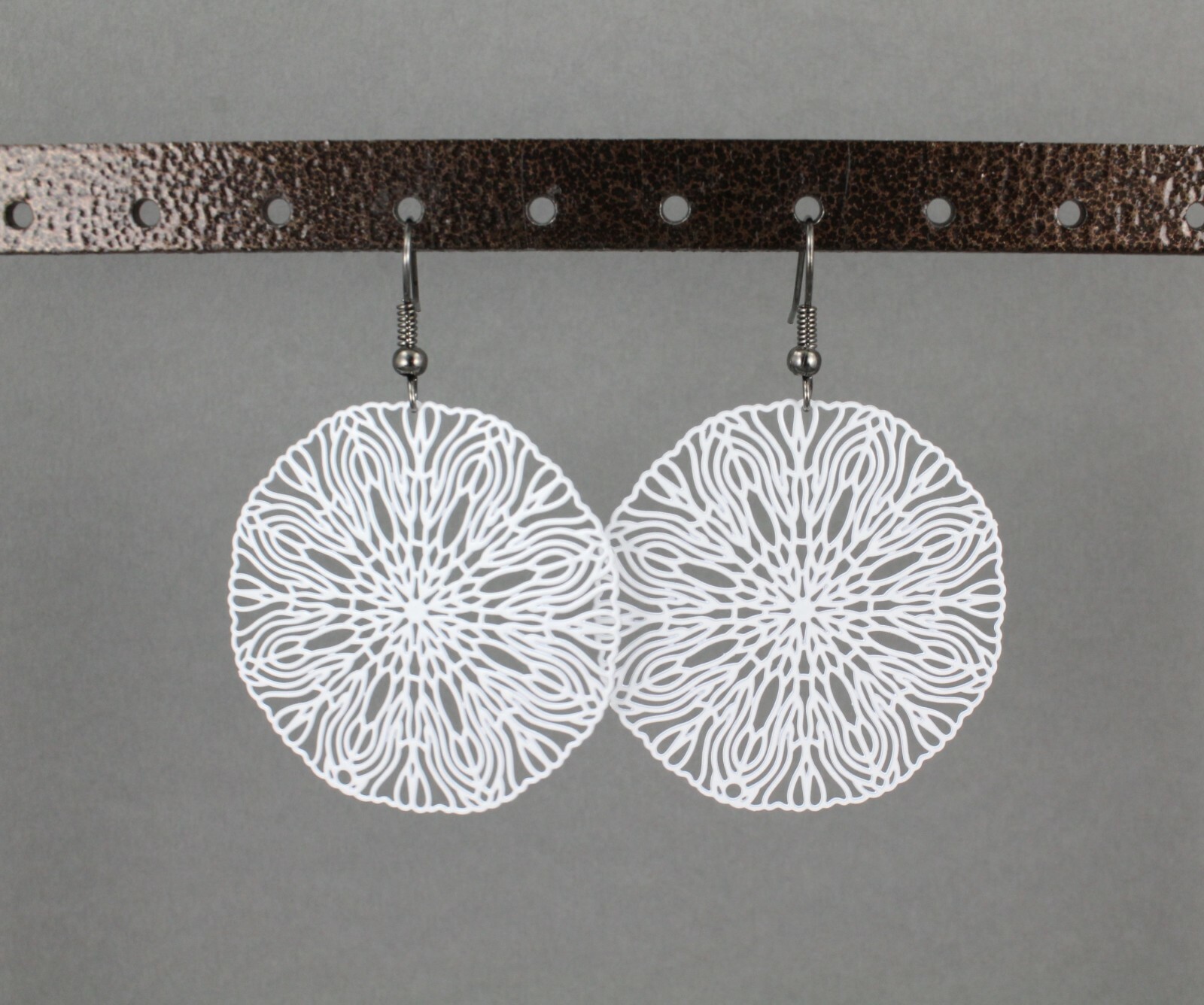 White round earrings cut out flower filigree scroll circle 2 1/8 long very Light