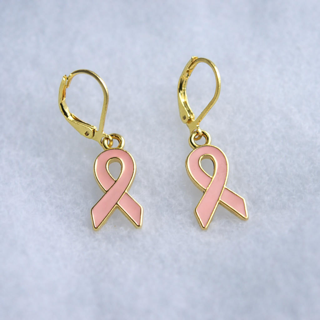 Breast Cancer Awareness Ribbon Earrings with Gold Trim & Lever back Closures
