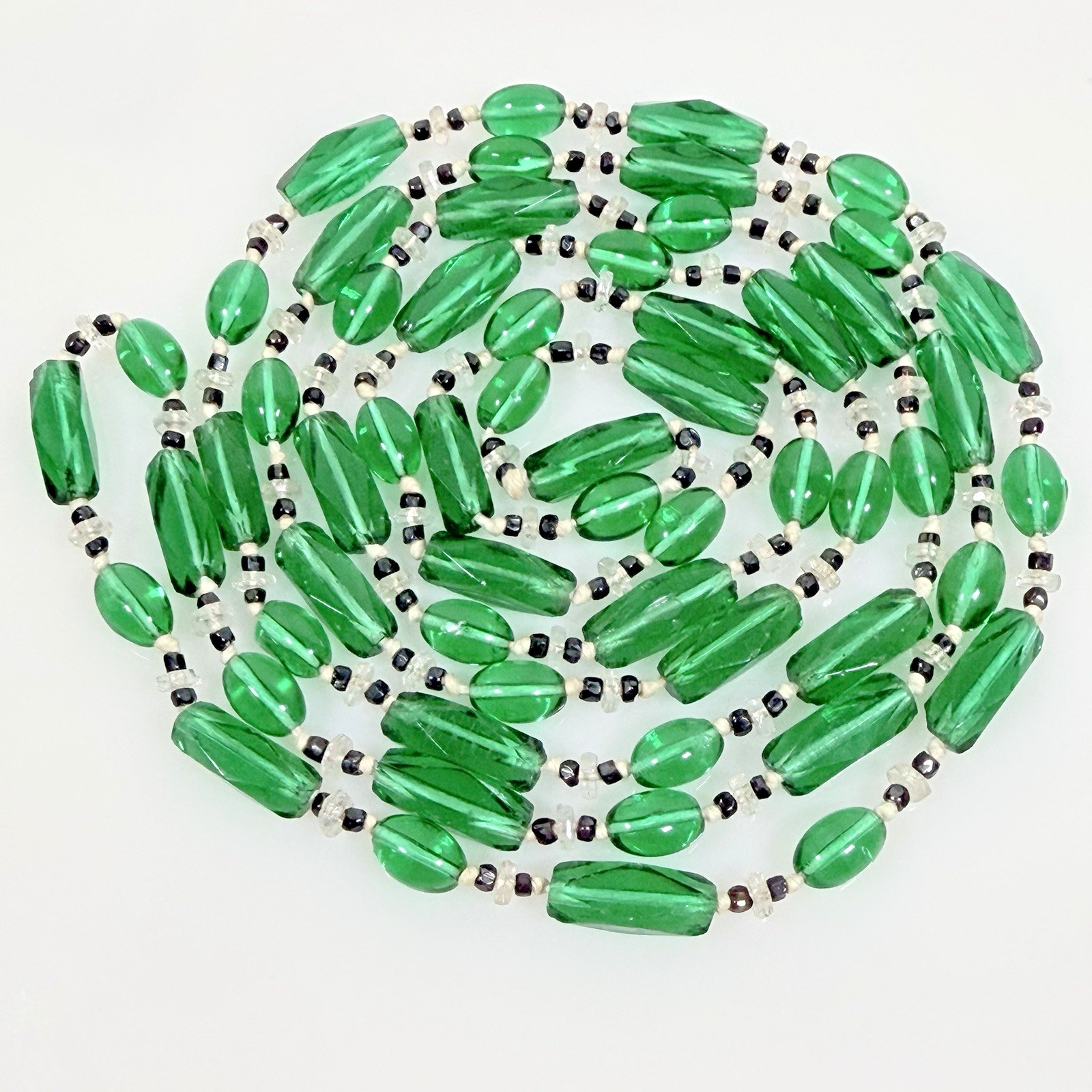 Vintage Green Art Glass Beaded Necklace 56″ Endless Long Strand Czech Style