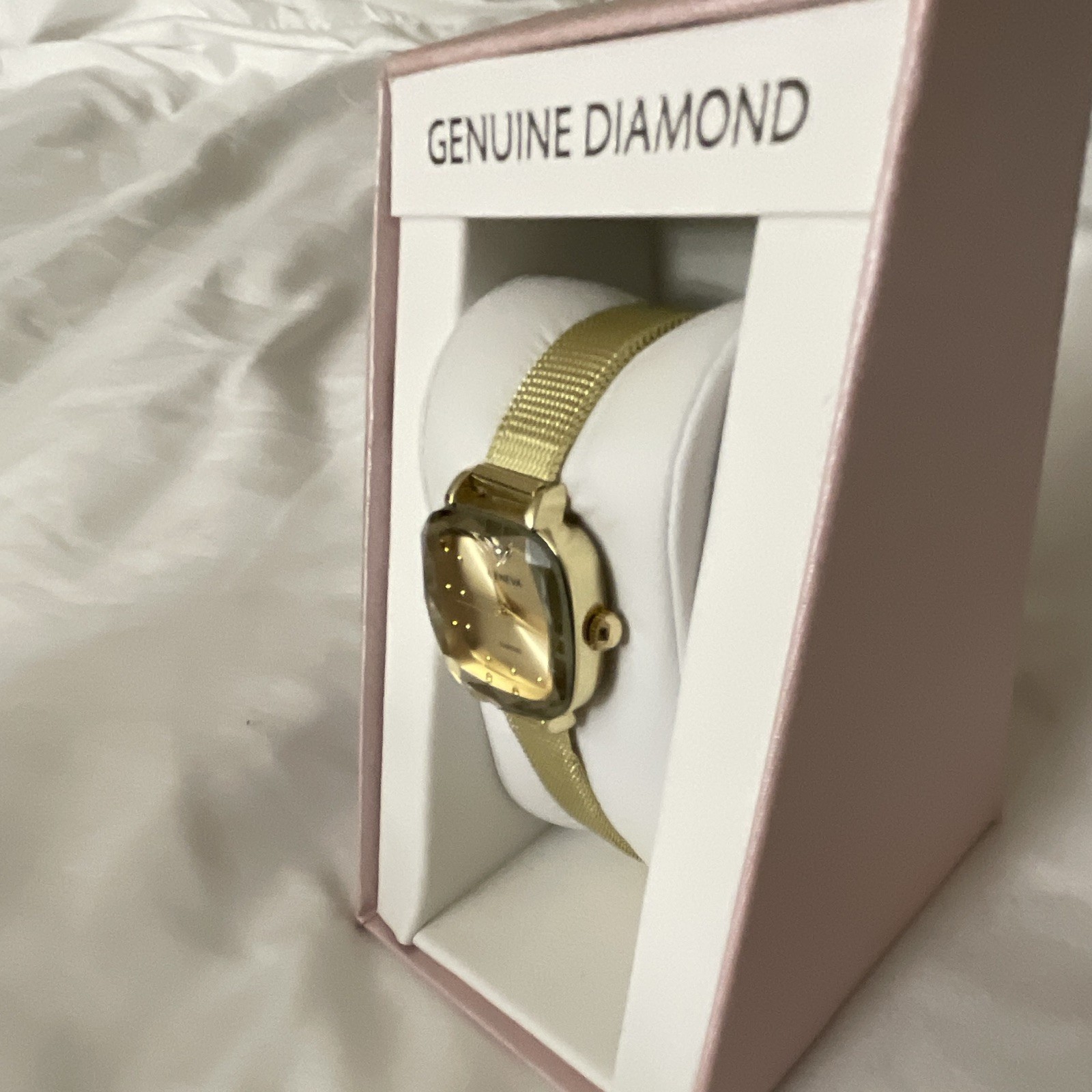 Geneva Genuine Diamond Collection Women’s Cushion Gold Quartz Mesh Watch Box